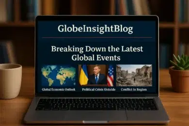 A laptop displays the GlobeInsightBlog homepage, featuring sections on global economic outlook, political crises, and regional conflict.