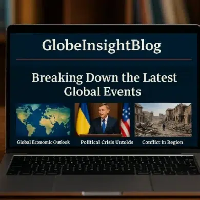 A laptop displays the GlobeInsightBlog homepage, featuring sections on global economic outlook, political crises, and regional conflict.