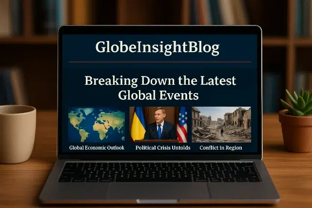 A laptop displays the GlobeInsightBlog homepage, featuring sections on global economic outlook, political crises, and regional conflict.