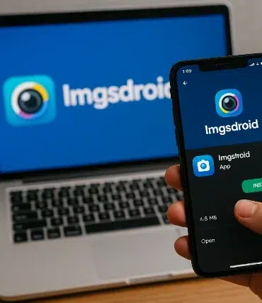 A person holds a smartphone displaying the Imgsdroid app, with a laptop in the background featuring the Imgsdroid logo.