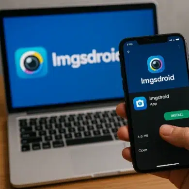 A person holds a smartphone displaying the Imgsdroid app, with a laptop in the background featuring the Imgsdroid logo.
