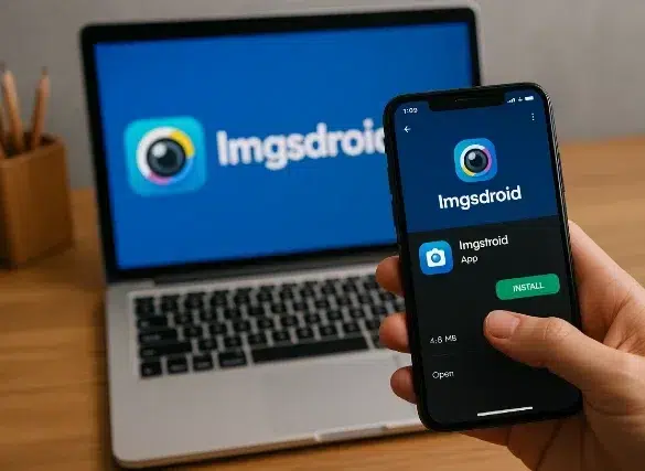 A person holds a smartphone displaying the Imgsdroid app, with a laptop in the background featuring the Imgsdroid logo.