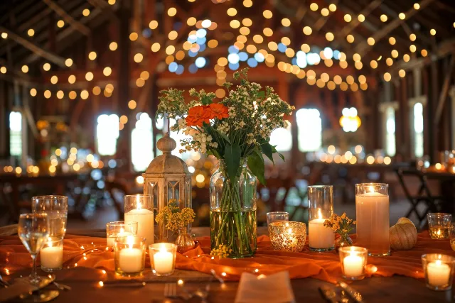 A beautifully arranged table with flowers, candles, and soft lighting, set in a cozy barn with twinkling overhead lights.