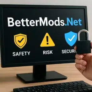 A computer monitor displays "BetterMods.Net" with safety, risk, and security icons, while a hand holds a padlock.