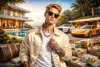 A luxurious scene featuring a modern villa, exotic cars, stacks of cash, and designer bags, set against a tropical backdrop.