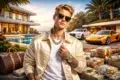 A luxurious scene featuring a modern villa, exotic cars, stacks of cash, and designer bags, set against a tropical backdrop.