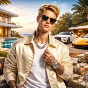 A luxurious scene featuring a modern villa, exotic cars, stacks of cash, and designer bags, set against a tropical backdrop.