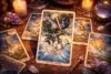 A tarot card depicting the Eight of Swords is surrounded by lit candles, crystals, and additional tarot cards on a wooden table.