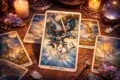 A tarot card depicting the Eight of Swords is surrounded by lit candles, crystals, and additional tarot cards on a wooden table.