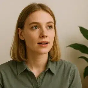 A person in a green shirt sits against a beige wall, with a plant nearby, creating a calm and inviting atmosphere.