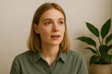A person in a green shirt sits against a beige wall, with a plant nearby, creating a calm and inviting atmosphere.