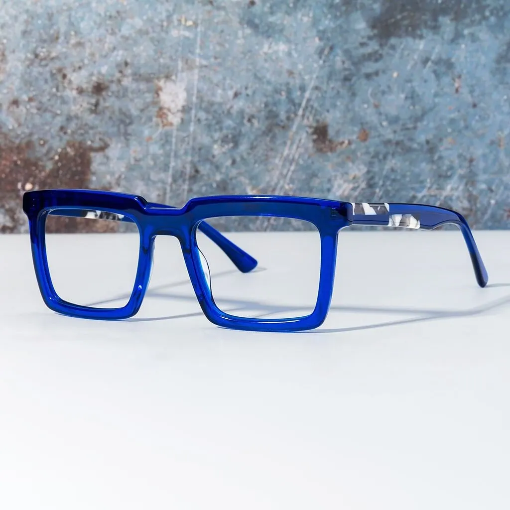 Bright blue rectangular glasses with a bold frame, set against a textured background.