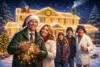A festive scene featuring a group of people decorating a brightly lit house for Christmas, with snowy surroundings and holiday decorations.