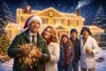 A festive scene featuring a group of people decorating a brightly lit house for Christmas, with snowy surroundings and holiday decorations.