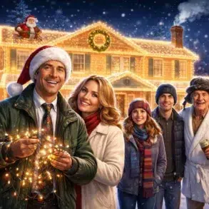 A festive scene featuring a group of people decorating a brightly lit house for Christmas, with snowy surroundings and holiday decorations.