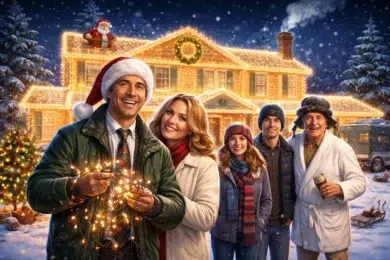 A festive scene featuring a group of people decorating a brightly lit house for Christmas, with snowy surroundings and holiday decorations.
