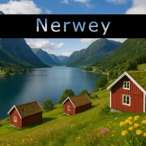 Scenic view of a tranquil Norwegian fjord surrounded by green mountains, featuring charming red cottages and colorful wildflowers.