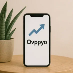 A smartphone displaying the app "Ovppyo" with an upward arrow symbol, placed beside a potted plant on a wooden table.