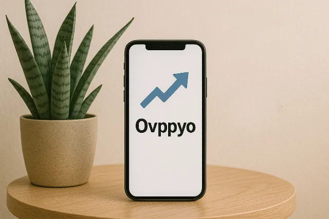 A smartphone displaying the app "Ovppyo" with an upward arrow symbol, placed beside a potted plant on a wooden table.