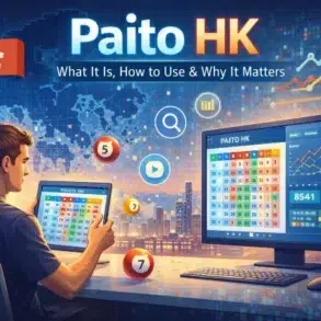 A man analyzing Paito HK data charts on a screen with Hong Kong city skyline in the background.