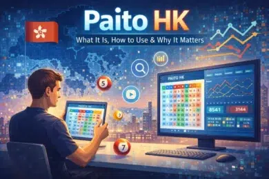 A man analyzing Paito HK data charts on a screen with Hong Kong city skyline in the background.