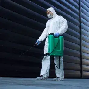 A person in protective gear sprays disinfectant with a backpack sprayer against a dark, corrugated wall.