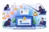 Digital illustration depicting cybercrime, featuring hackers, phishing attempts, and warning alerts on laptops amidst various online threats.