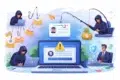 Digital illustration depicting cybercrime, featuring hackers, phishing attempts, and warning alerts on laptops amidst various online threats.