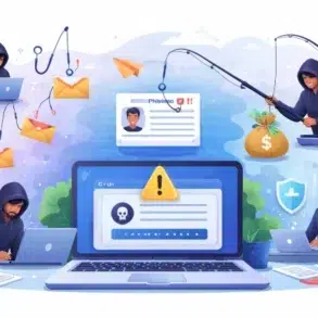 Digital illustration depicting cybercrime, featuring hackers, phishing attempts, and warning alerts on laptops amidst various online threats.