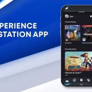 A smartphone displaying the PlayStation App interface, showcasing friends playing and recently played games like Ratchet & Clank.