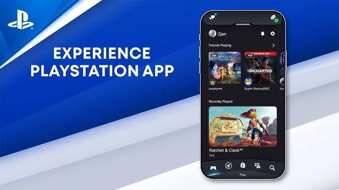 A smartphone displaying the PlayStation App interface, showcasing friends playing and recently played games like Ratchet & Clank.