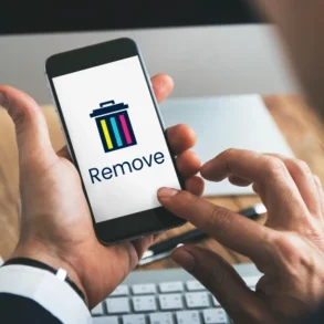 A person holding a smartphone displaying a "Remove" icon with a trash bin graphic, seated at a desk with a keyboard.