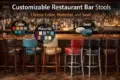 Customizable restaurant bar stools displayed in various colors and materials, with options for seat style highlighted.