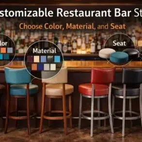 Customizable restaurant bar stools displayed in various colors and materials, with options for seat style highlighted.