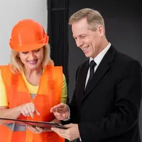A woman in an orange safety vest and helmet discusses a clipboard with a man in a black suit, highlighting a collaborative work environment.