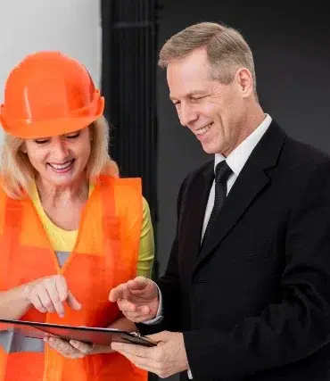 A woman in an orange safety vest and helmet discusses a clipboard with a man in a black suit, highlighting a collaborative work environment.