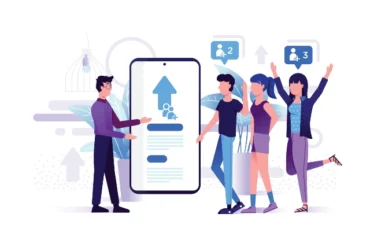 A person presents information on a large smartphone to three engaged individuals, surrounded by plants and icons indicating growth.