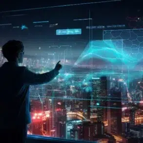 A person in a suit interacts with a transparent digital interface, overlooking a city skyline illuminated at night.