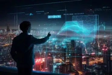 A person in a suit interacts with a transparent digital interface, overlooking a city skyline illuminated at night.