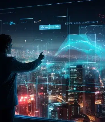 A person in a suit interacts with a transparent digital interface, overlooking a city skyline illuminated at night.