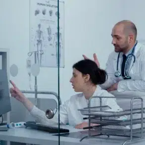 A healthcare professional points at a computer screen while discussing medical information with a colleague in a clinical setting.