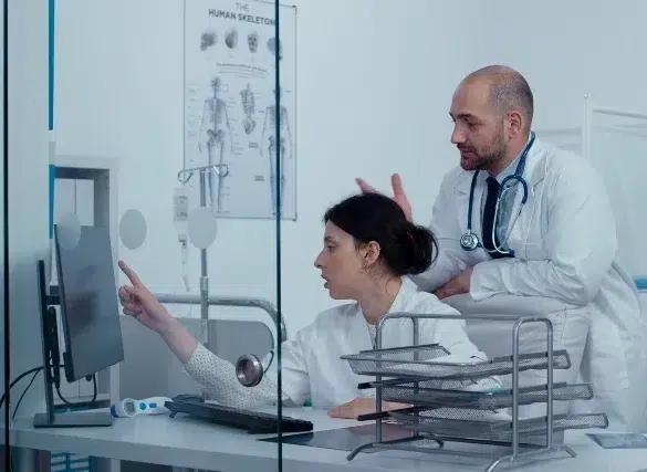 A healthcare professional points at a computer screen while discussing medical information with a colleague in a clinical setting.