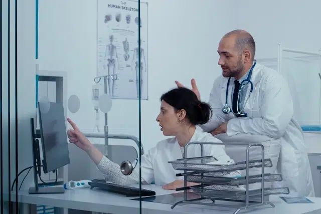 A healthcare professional points at a computer screen while discussing medical information with a colleague in a clinical setting.