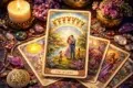 A vibrant tarot card with a couple near a rainbow, surrounded by nature, candles, and crystals, symbolizing joy and connection.