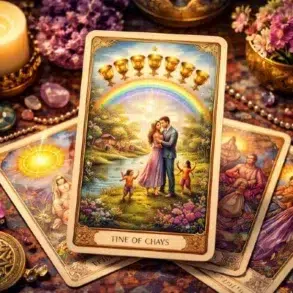 A vibrant tarot card with a couple near a rainbow, surrounded by nature, candles, and crystals, symbolizing joy and connection.