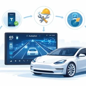 A Tesla car is shown next to a dashboard displaying Autopilot. Icons represent features like maintenance and upgrades.