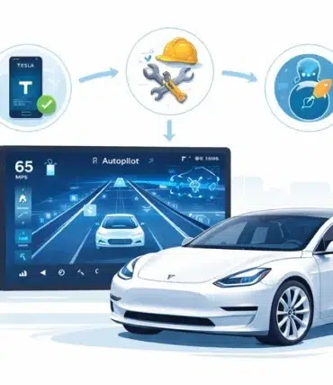 A Tesla car is shown next to a dashboard displaying Autopilot. Icons represent features like maintenance and upgrades.