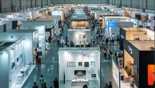 Aerial view of a busy exhibition hall featuring numerous vendor booths and crowds of visitors exploring various displays.