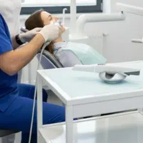 A dentist in blue scrubs performs a procedure on a patient in a dental office, with dental equipment and tools visible nearby.