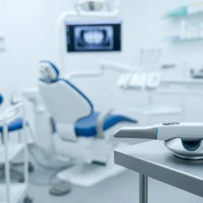 A modern dental office featuring an ergonomic chair, dental tools, and a digital screen displaying dental X-rays.